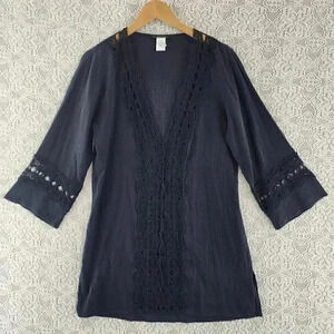 La Blanca 100% Cotton Plunge neck Crochet Long sleeve Blouse S
